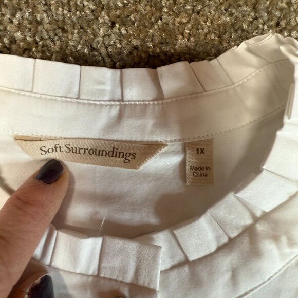 Soft Surroundings Poetic Button Up Shirt Women 1X White Cotton Ruffle Pleated - Picture 10 of 16